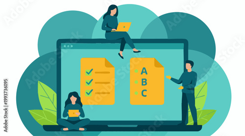 Digital learning and task management on laptop with people collaborating