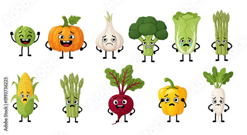 Cute vegetable characters, cartoon veggies, colorful produce illustrations, 10 element set, vector graphics