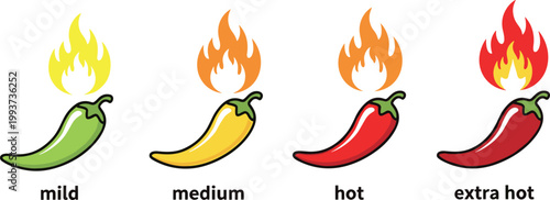 Spicy chili pepper heat levels scale illustration with flames, mild medium hot extra hot indicators for food spice rating vector design