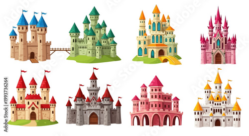 Fantasy castles, colorful royal palaces, medieval fortresses, 8 vector illustrations