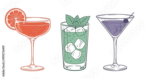 Cocktail vector icons, drink glasses, bar illustrations, mixology symbols, 3 beverage images