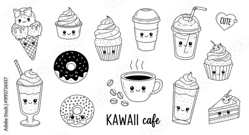 Φωτογραφία Kawaii cafe, cute food icons, cartoon desserts, sweet treats, vector illustratio
