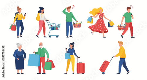 People shopping, carrying luggage, and bags, colorful flat vector icons, 8 character illustrations, retail and travel concepts