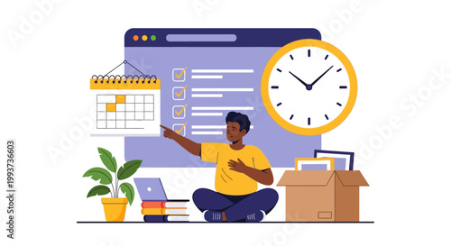 Vector illustration of man planning tasks, organization and time management, productivity concept, flat design icons