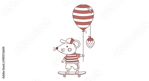 cute mouse on skateboard with red balloon, striped outfit, white background, illustration, vector graphics, kids characters