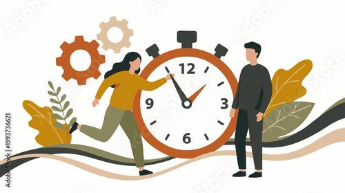People managing time and productivity with stopwatch and gears
