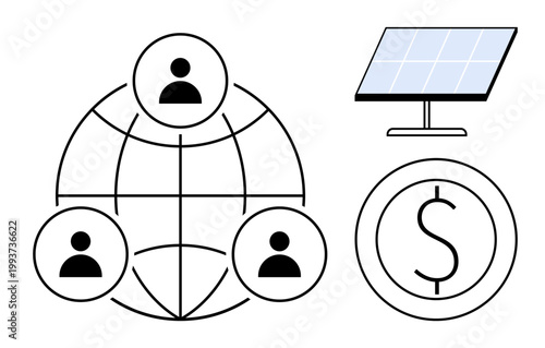 Renewable energy, global communication, financial investment, green technology, sustainable development, eco-friendly solutions. Solar panel, financial symbol connected people network. Renewable