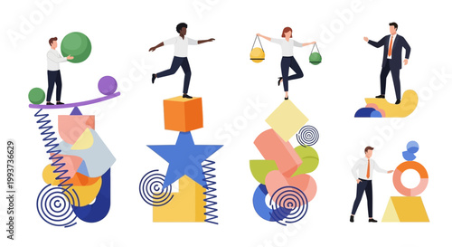 Business balance, equilibrium icons, colorful office workers, risk management, 25 vector illustrations