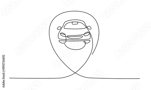 Carsharing Point One Line Illustration. Continuous line drawing of car inside location pin symbol. Perfect for mobility service, rental and smart transport concepts. Vector illustration