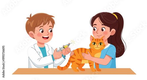 Veterinary care, kids and pets, smiling children with cat, animal doctor, pet health check