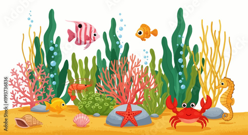 Underwater scene, colorful sea creatures, ocean coral reef, marine life vector
