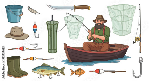 Fishing, vector, illustration, set, 25 elements, fishing gear, boat, tackle, accessories, colorful
