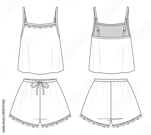 Womens Pajamas top and shorts lace trim