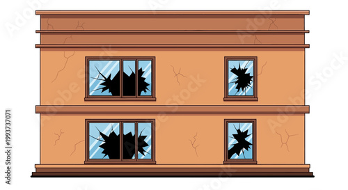 Broken window, damaged building, cracked glass, destruction, vandalism, vector illustration, orange wall, brown trim