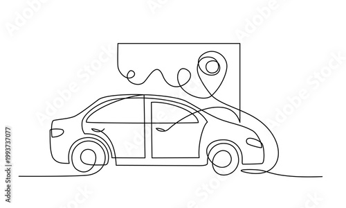 Carsharing One Line Illustration. Continuous line drawing of car with map and location pin symbol. Perfect for mobility service, rental and smart city transport concepts. Vector illustration