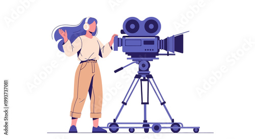 Film, camera, video production, cinematography, movie making, woman, operator, equipment, studio, blue, vector illustration