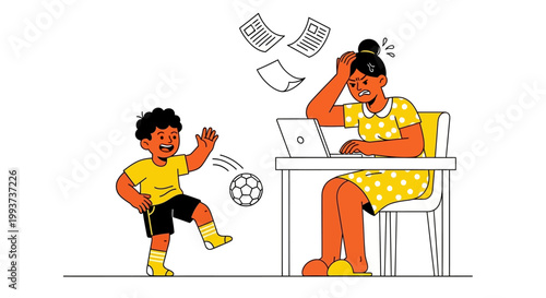 Remote work, distracted mom, stressed woman, working from home, parenting challenges, cartoon illustration, vector graphics, colorful, humorous, office chaos