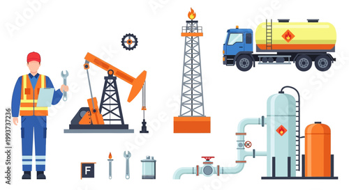 Industrial oil and gas icons, petroleum equipment, drilling rig, worker, truck, tank, pipeline, valves