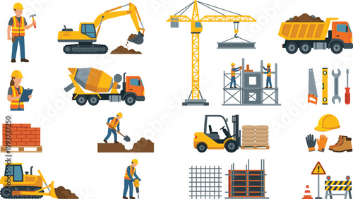 Construction equipment and worker flat design illustration set for building and engineering industry use