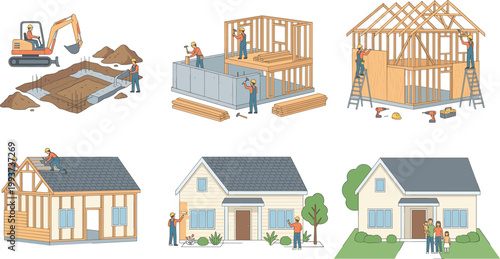House construction process isometric illustration set showing building stages from foundation to finished home