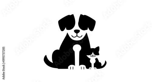 Cute dog and kitten sitting together flat vector illustration pet friendship concept isolated on white background