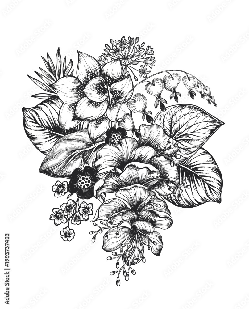 Obraz premium Beautiful hand drawn vector composition with black and white unusual blooming flowers on white background