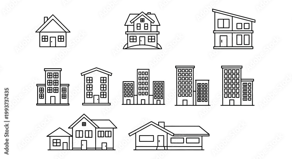 Fototapeta premium House, building, architecture icons, 10 residential and commercial structures, black and white line art, vector illustrations, urban planning, home design elements