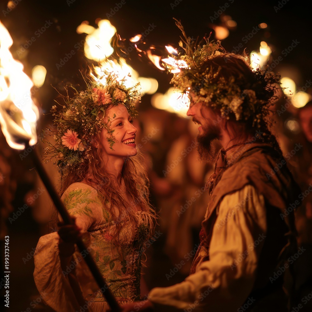 Fototapeta premium Spring bonfire festival with floral crowns and fire torches during Beltane celebration in a night setting