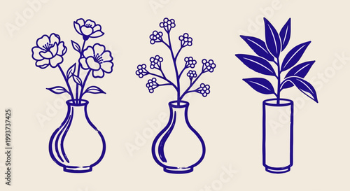 Minimalist blue floral vases, simple line art flowers, decorative plant illustrations, vector icons