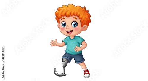 Cartoon boy with prosthetic leg, amputee kid, disability awareness, vector illustration, colorful, cheerful, kids' education, health, medical, inclusion, diversity