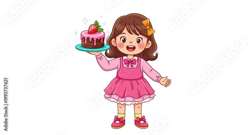 Cartoon girl holding pink cake, dessert illustration, bakery vector, sweet treat graphics