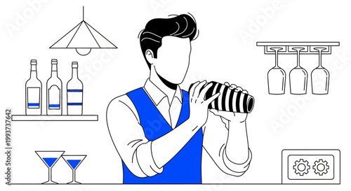 Bartender, cocktail shaker, bar icons, line art, blue and black, vector graphics, mixology, barware, drink preparation