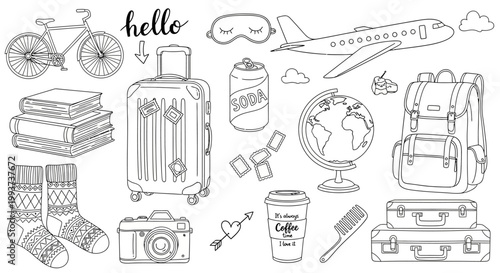 Travel, vacation, adventure icons set. Vector illustrations of luggage, transportation, and tourism elements, 25 pieces