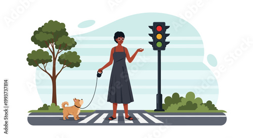 Woman walking dog, pedestrian crossing, traffic light, urban scene, vector illustration, black woman, dog owner, pet, crosswalk, road safety