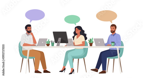 Office workers collaborating, people talking at desk, team discussion, business meeting vector