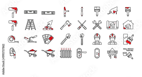 Construction tools, icons, and equipment, 40 red highlighted vector illustrations, DIY and building symbols