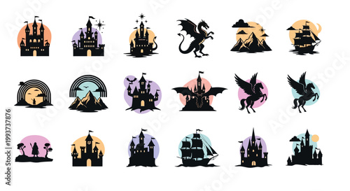 Halloween icons, spooky silhouettes, castle and creature graphics, 20 Halloween symbols