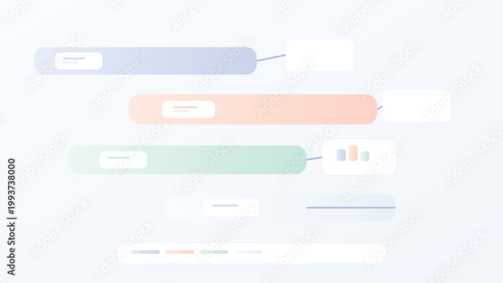 Obraz premium Horizontal workflow interface with connected panels and data cards in soft pastel UI style for modern system navigation and SaaS dashboard design use