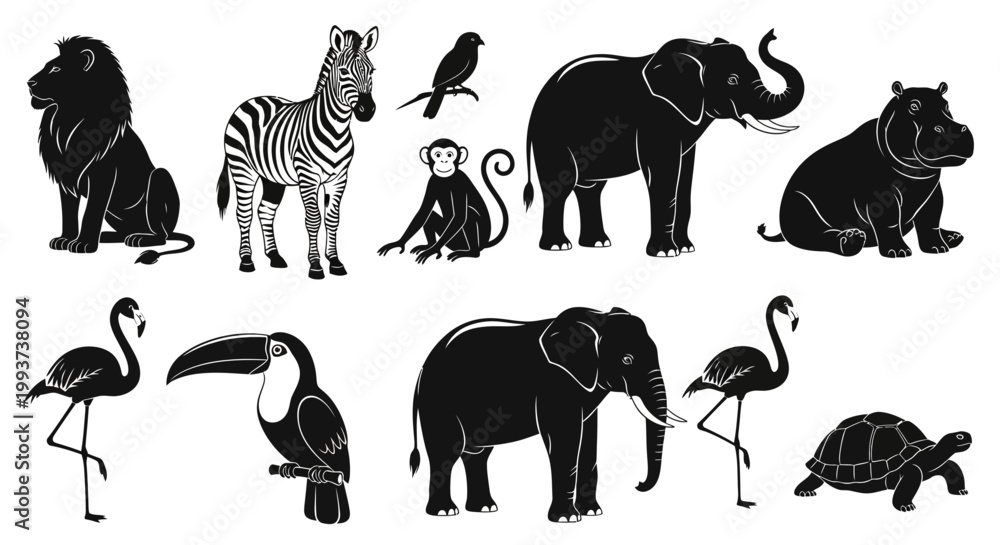 Fototapeta premium Black silhouettes, jungle animals, icons set, 10 pieces, vector graphics, wildlife symbols, safari style