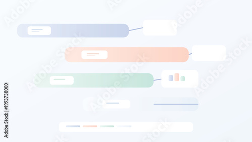 Horizontal workflow interface with connected panels and data cards in soft pastel UI style for modern system navigation and SaaS dashboard design use