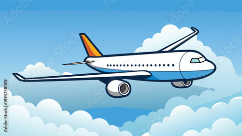 Commercial passenger airplane flying through a blue sky with white clouds in a flat vector illustration style for travel concept