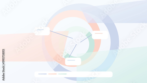 Circular data visualization with layered rings and connected UI nodes in soft pastel gradients representing analytics system mapping interface design concept