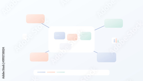 Abstract connected dashboard interface with central UI panel and linked modules in soft pastel colors representing digital workflow system structure concept
