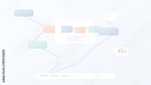 Abstract network dashboard interface with connected UI cards and flowing links in pastel colors representing digital data structure and analytics system