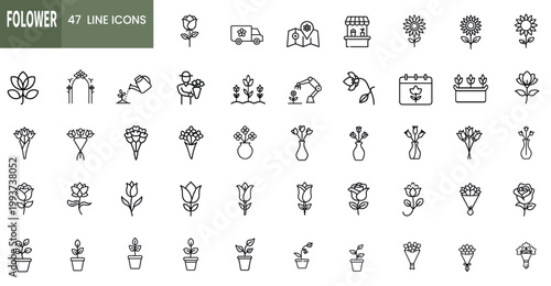 Flower line icons set botanical blossom plant spring flora sprout decorative garden petal natural rose bouquet blooming sunflower vase & more vector illustration with editable stroke.