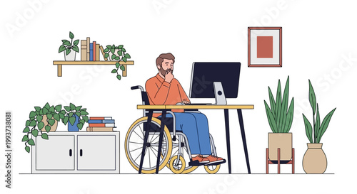 Accessible workspace, office desk with wheelchair, inclusive work environment, flat design vector