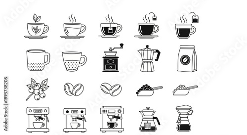Coffee icons, coffee shop illustrations, 20 coffee symbols, vector coffee graphics, black and white