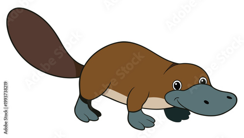 Cute cartoon platypus character walking isolated on a white background for educational design and children book illustration