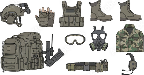 Military gear and equipment collection tactical loadout display