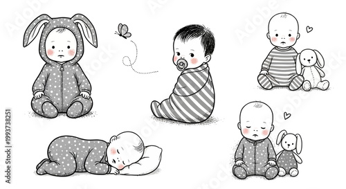 Cute baby animals and human infants, monochrome illustration set, 6 elements, line art style, nursery decor, childrens book illustrations, greeting cards